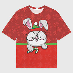 Мужская футболка оверсайз Новогодний зайка в очках