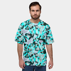 Футболка оверсайз мужская Пятнистый абстрактный узор серый с бирюзовыми лини, цвет: 3D-принт — фото 2