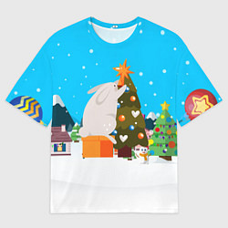 Футболка оверсайз мужская Крупный заяц наряжает елочку, цвет: 3D-принт