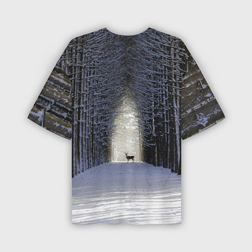 Мужская футболка оверсайз Олень в зимнем лесу / 3D-принт – фото 2