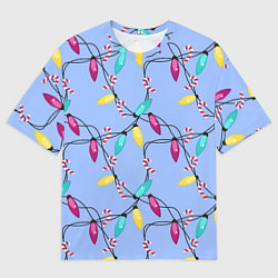 Мужская футболка оверсайз Новогодняя гирлянда голубая