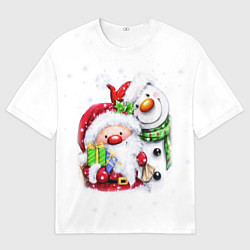 Футболка оверсайз мужская Дед Мороз и снеговик с подарками, цвет: 3D-принт