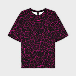 Мужская футболка оверсайз Абстрактные розовые узоры в виде трещин на чёрном