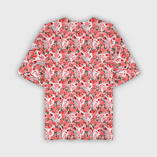Мужская футболка оверсайз Маски лисиц кицунэ и цветущая камелия / 3D-принт – фото 2