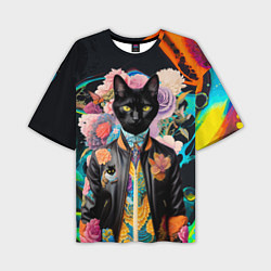 Мужская футболка оверсайз Модный чёрный кот - нейросеть - мода