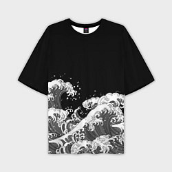 Мужская футболка оверсайз Японские волны на темном фоне