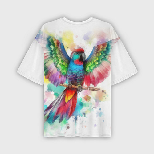 Мужская футболка оверсайз Разноцветный акварельный попугай с расправленными / 3D-принт – фото 2