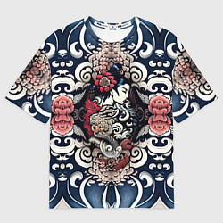 Футболка оверсайз мужская Irezumi style: девушка и синие узоры, цвет: 3D-принт