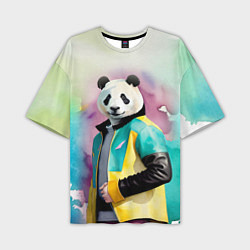 Футболка оверсайз мужская Прикольный панда в модной куртке, цвет: 3D-принт