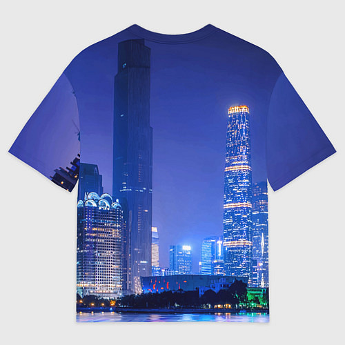 Мужская футболка оверсайз Cat girl on the background of a megalopolis / 3D-принт – фото 2