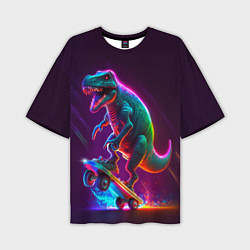 Мужская футболка оверсайз Тиранозавр в кроссовках на скейте - неон