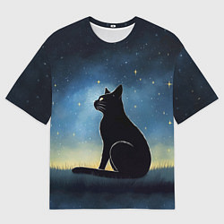 Мужская футболка оверсайз Черный кот и звезды - акварель