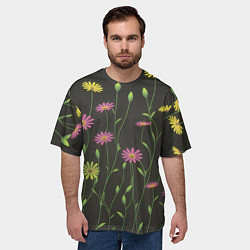 Футболка оверсайз мужская Полевые цветочки на темном фоне, цвет: 3D-принт — фото 2