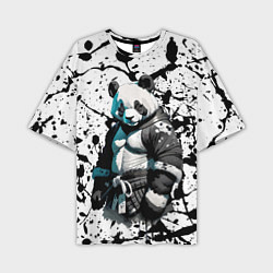 Мужская футболка оверсайз Panda samurai on the background of blots