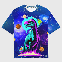 Мужская футболка оверсайз Динозавр в космосе - неоновое свечение