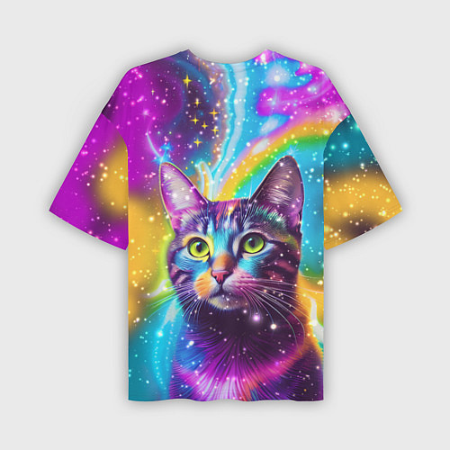 Мужская футболка оверсайз Полосатый кот с разноцветной звездной туманностью / 3D-принт – фото 2