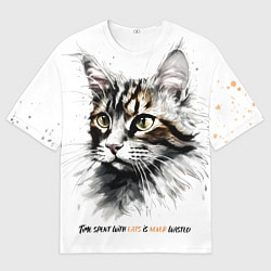 Мужская футболка оверсайз Время с кошкой никогда не потрачено зря