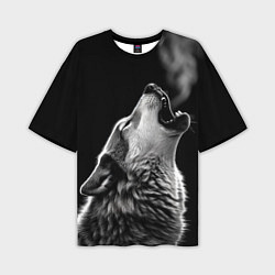 Мужская футболка оверсайз Воющий волк в ночи