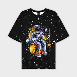 Мужская футболка оверсайз Космонавт на рыбалке - неон