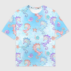 Футболка оверсайз мужская Морские коньки - паттерн, цвет: 3D-принт