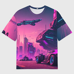 Футболка оверсайз мужская Киберпанк в лиловом цвете, цвет: 3D-принт