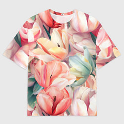 Футболка оверсайз мужская Разноцветные пастельные тюльпаны - паттерн, цвет: 3D-принт