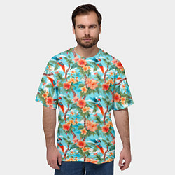 Футболка оверсайз мужская Паттерн цветы и попугаи, цвет: 3D-принт — фото 2