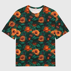 Мужская футболка оверсайз Оранжевые цветы и зеленые листья