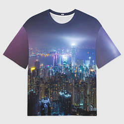Футболка оверсайз мужская Большой город в розово-голубых огнях, цвет: 3D-принт