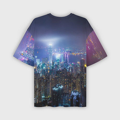 Мужская футболка оверсайз Большой город в розово-голубых огнях / 3D-принт – фото 2