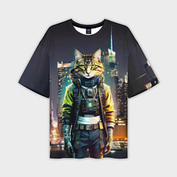 Мужская футболка оверсайз Cool cat in New York city at night
