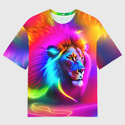 Мужская футболка оверсайз Неоновый лев в цветовой абстракции