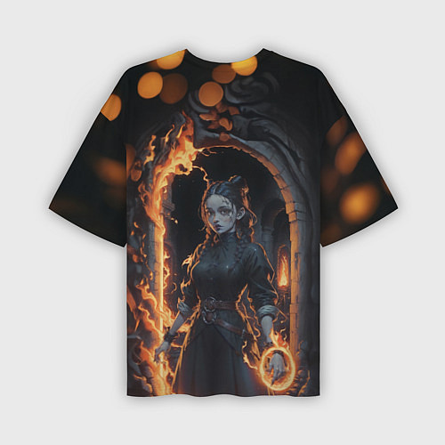 Мужская футболка оверсайз Готическая девушка с двумя косами огненная магия / 3D-принт – фото 2
