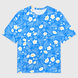Мужская футболка оверсайз Белые птицы голуби и цветы яблони на синем фоне не