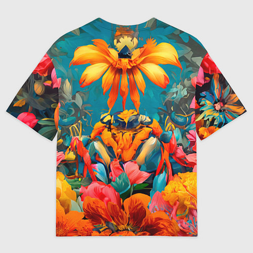 Мужская футболка оверсайз Дикая кошка в цветах / 3D-принт – фото 2