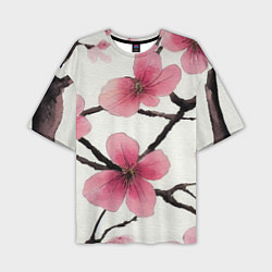 Мужская футболка оверсайз Цветы и ветви японской сакуры - текстура холста