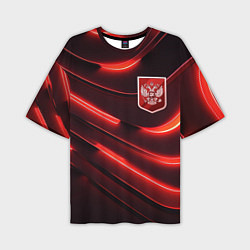Футболка оверсайз мужская Красный неоновый герб России, цвет: 3D-принт