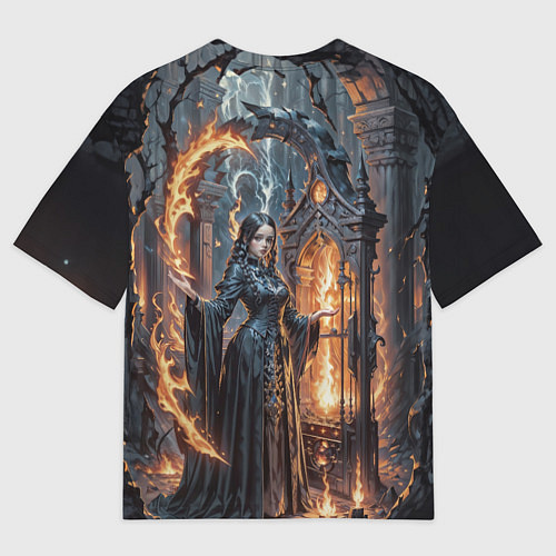 Мужская футболка оверсайз Готическая ведьма и огонь в подземелье / 3D-принт – фото 2
