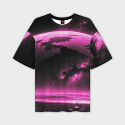 Мужская футболка оверсайз Сай фай пейзаж в черно розовых тонах