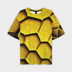 Футболка оверсайз мужская Желтые шестиугольники с трещинами - объемная текст, цвет: 3D-принт