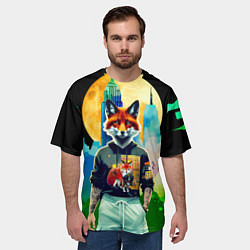 Футболка оверсайз мужская Лис на фоне луны - ночной Нью-Йорк, цвет: 3D-принт — фото 2