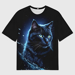 Мужская футболка оверсайз Черный кот - брызги воды