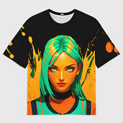 Мужская футболка оверсайз Девушка с аквамариновыми волосами с жёлтой краской