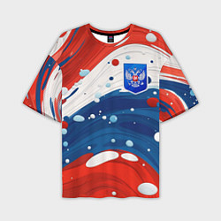 Футболка оверсайз мужская Триколор брызги краски и герб РФ, цвет: 3D-принт