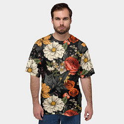 Футболка оверсайз мужская Цветочный паттерн на черном, цвет: 3D-принт — фото 2
