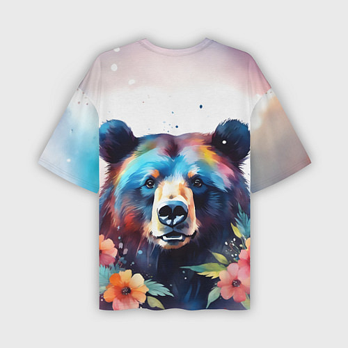 Мужская футболка оверсайз Портрет медведя гризли с цветами акварелью / 3D-принт – фото 2