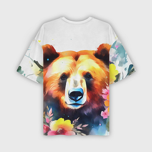 Мужская футболка оверсайз Морда медведя гризли с цветами акварелью / 3D-принт – фото 2