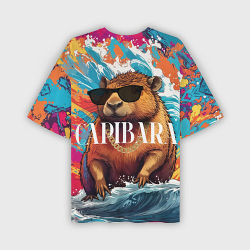 Мужская футболка оверсайз Капибара в очках на красочных волнах / 3D-принт – фото 2