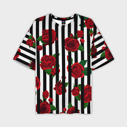 Мужская футболка оверсайз Полосы и красные розы