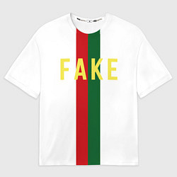 Футболка оверсайз мужская Зелёная и красная полосы с надписью Fake, цвет: 3D-принт